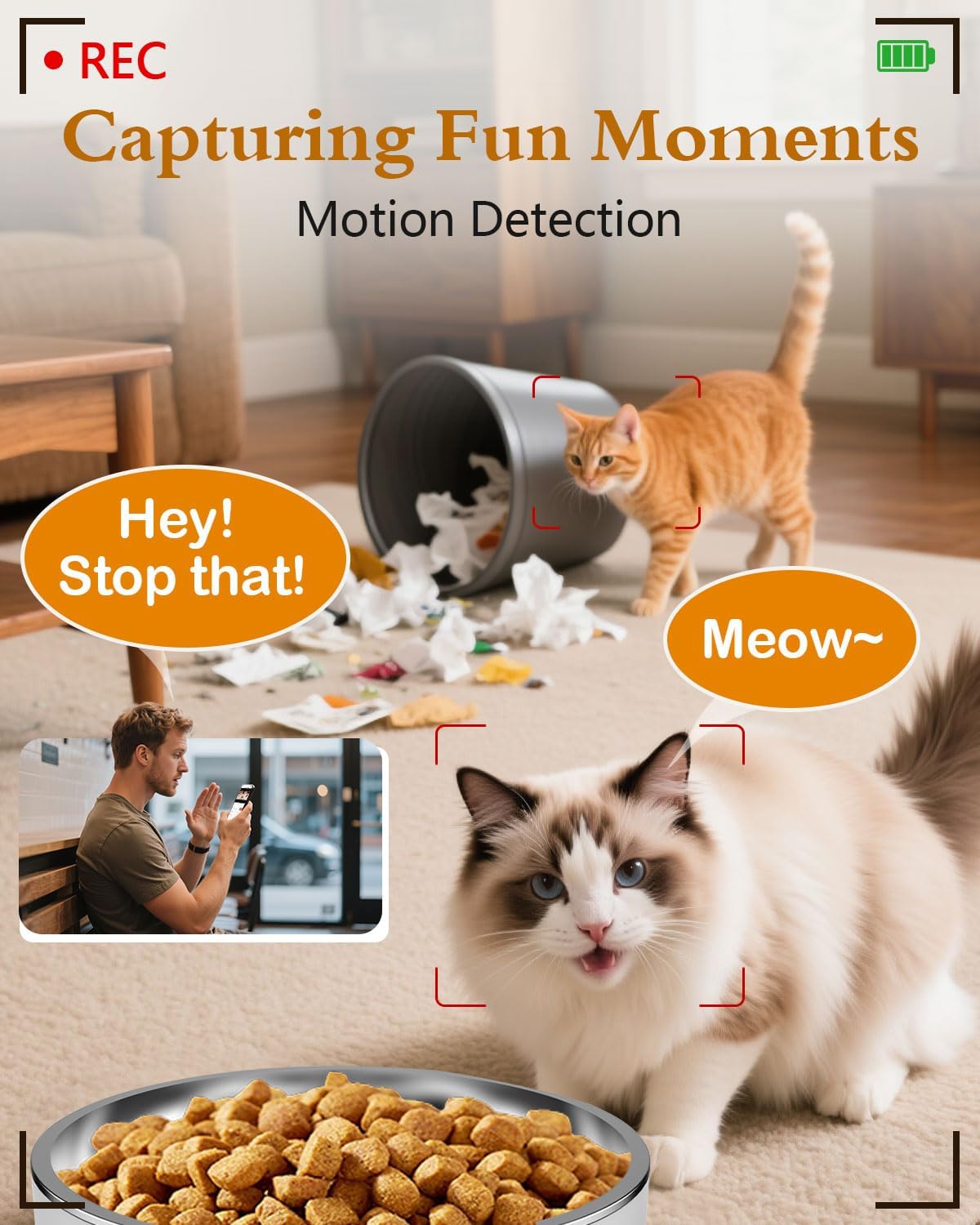 Yakry Automatic Cat Feeder with Camera - 5G WiFi Easy Setup App Control Cat Dry Food Dispenser with Stainless Steel Bowl, 17 Cups, HD 1080P Video with Night Vision for Small Pets Indoor
