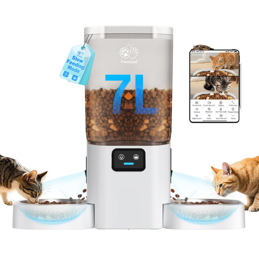 Frienhund Automatic Cat Feeder with Two HD Camera for 2 Cats: 7L Automatic Dog Feeder with Night Vision & Slow Feed, 5G WiFi Auto Cat Food Dispenser for Multiple Pet, Detachable for Cleaning - 29 Cup