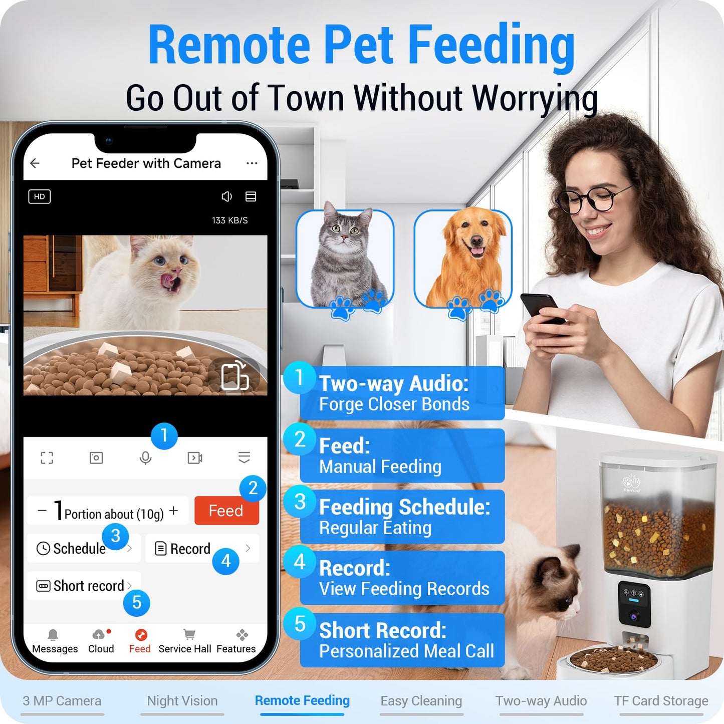 Frienhund Automatic Cat Feeder with Two HD Camera for 2 Cats: 7L Automatic Dog Feeder with Night Vision & Slow Feed, 5G WiFi Auto Cat Food Dispenser for Multiple Pet, Detachable for Cleaning - 29 Cup