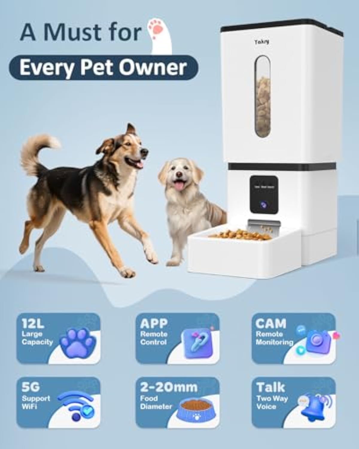 Automatic Dog Feeder Large Breed with Camera - 12L/50 Cups 5G WiFi App Control Dog Food Dispenser, Easy Setup, HD 1080P Video with Night Vision by Yakry
