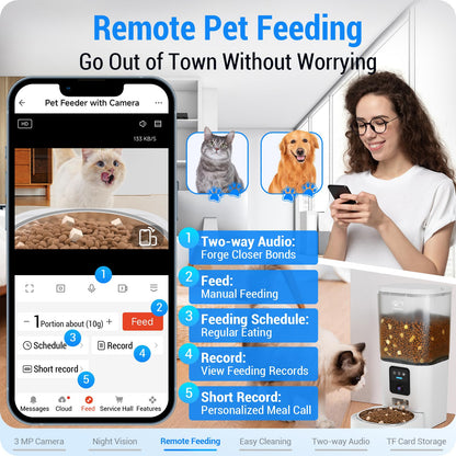 Frienhund Automatic Cat Feeder with Two HD Camera for 2 Cats: 7L Automatic Dog Feeder with Night Vision & Slow Feed, 5G WiFi Auto Cat Food Dispenser for Multiple Pet, Detachable for Cleaning - 29 Cup
