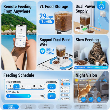 Frienhund Automatic Cat Feeder with Two HD Camera for 2 Cats: 7L Automatic Dog Feeder with Night Vision & Slow Feed, 5G WiFi Auto Cat Food Dispenser for Multiple Pet, Detachable for Cleaning - 29 Cup
