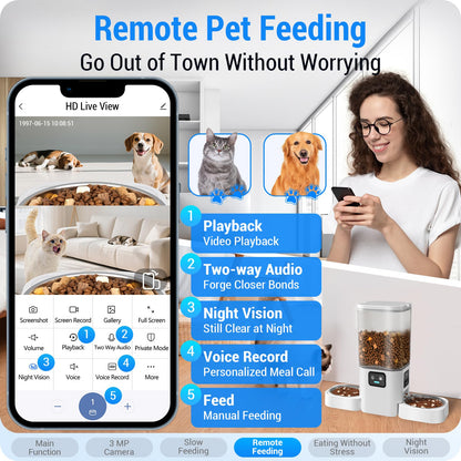 Frienhund Automatic Cat Feeder with Two HD Camera for 2 Cats: 7L Automatic Dog Feeder with Night Vision & Slow Feed, 5G WiFi Auto Cat Food Dispenser for Multiple Pet, Detachable for Cleaning - 29 Cup